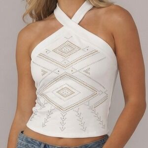 Bisou Bisou Halter Top Women Medium White Excellent Studded Geometric Boho Y2K